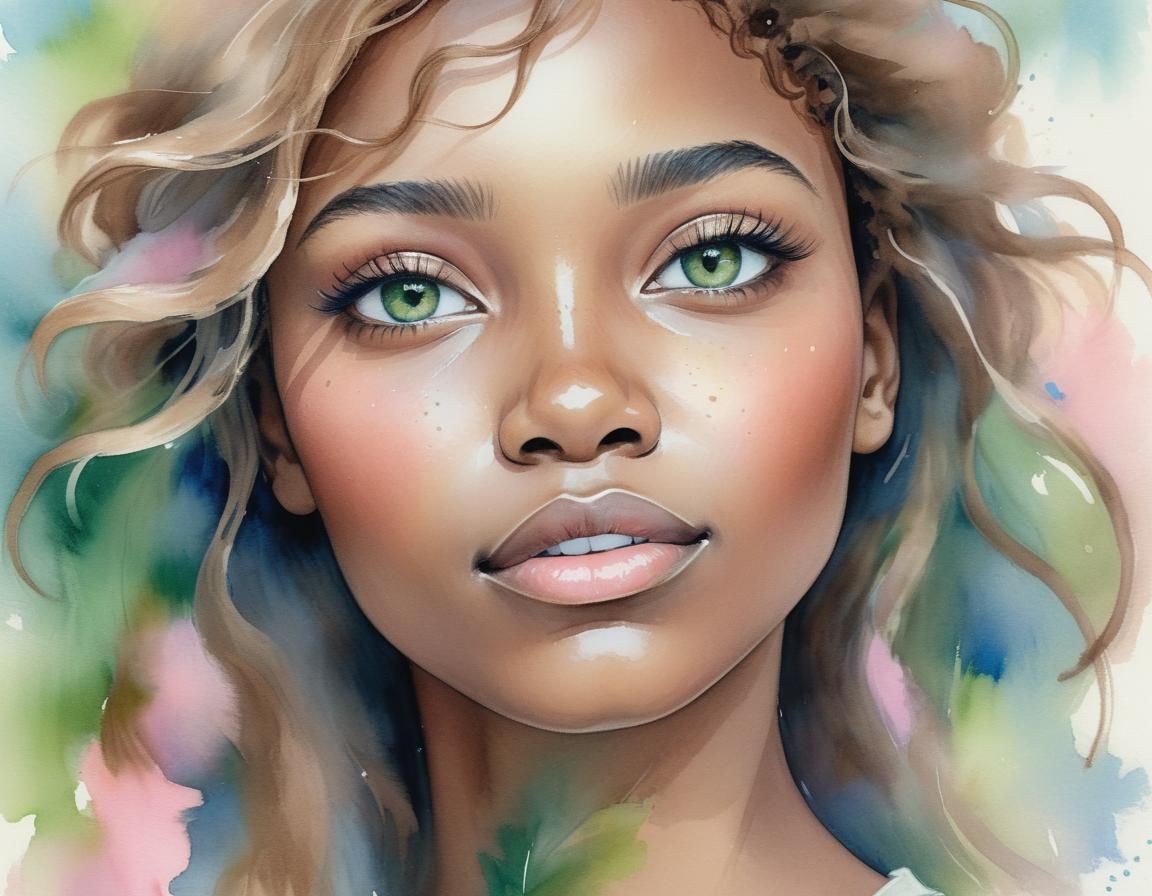 Watercolor Portrait of a Black Woman Gazing Up