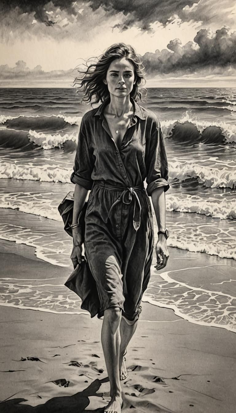 Hyperdetailed Charcoal Drawing of Woman on Beach