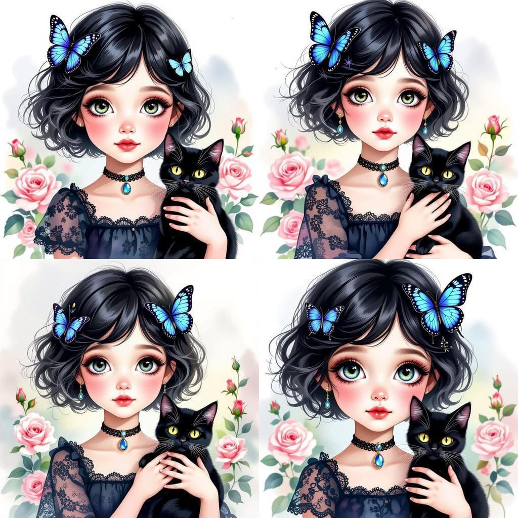 Whimsical Watercolor Portrait of Girl with Cat