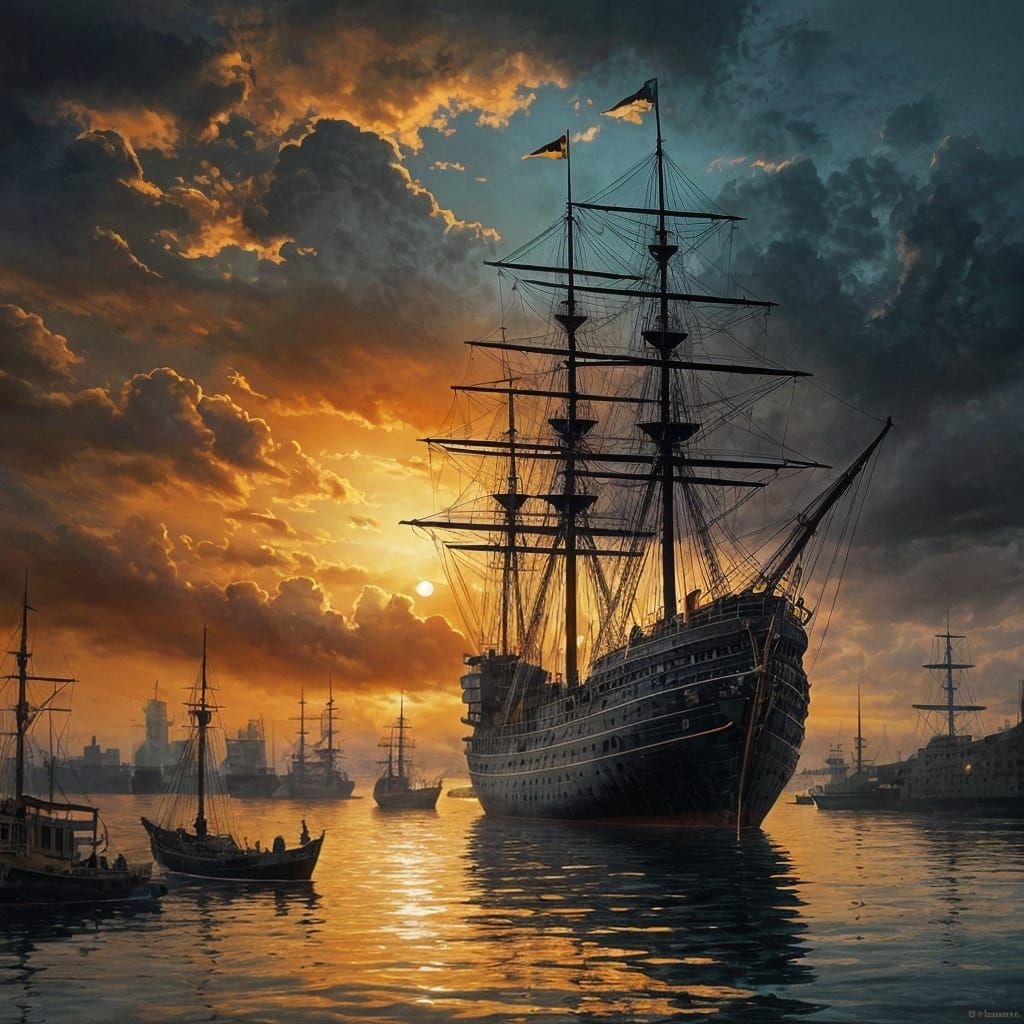 Ancient Ship at Sunset in Watercolor Style