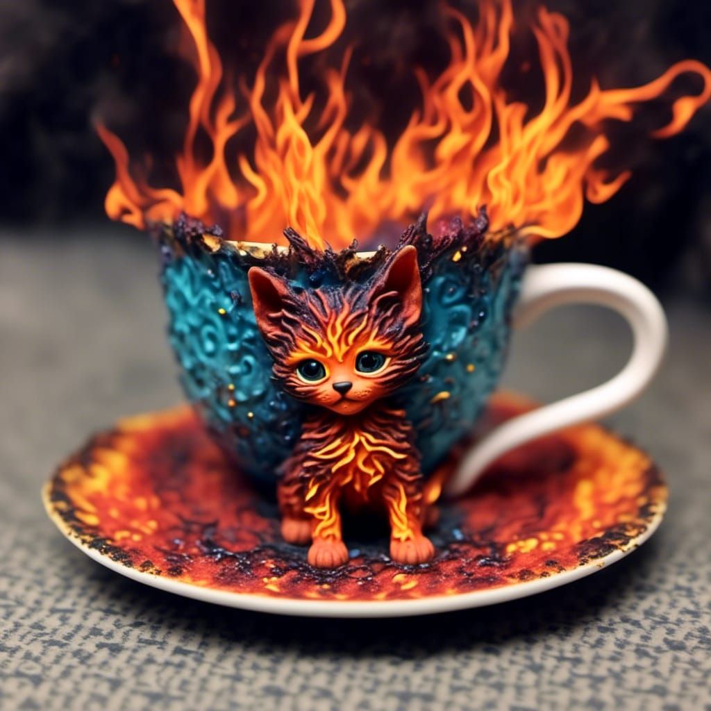 Fiery Teacup Kitten: A Surreal Image