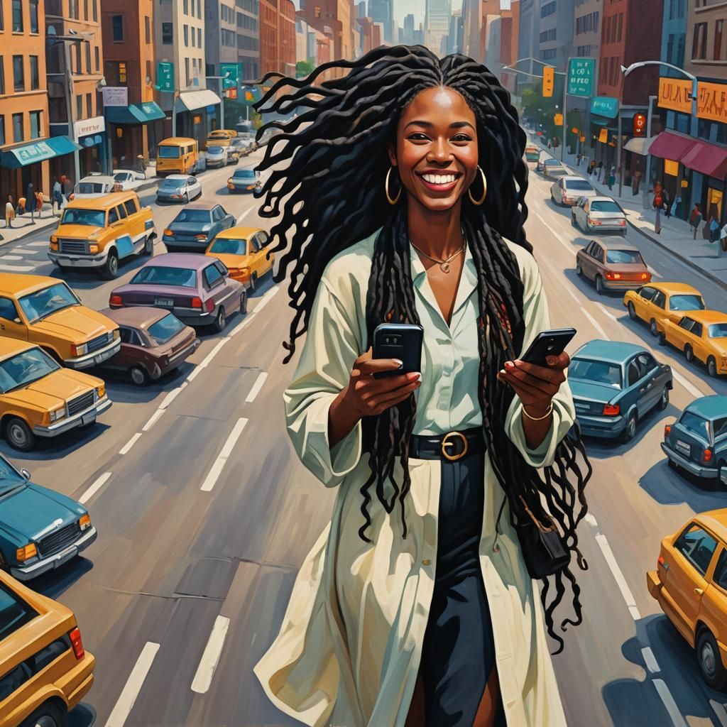 Smiling Woman in Uber: An Art Deco Oil Painting