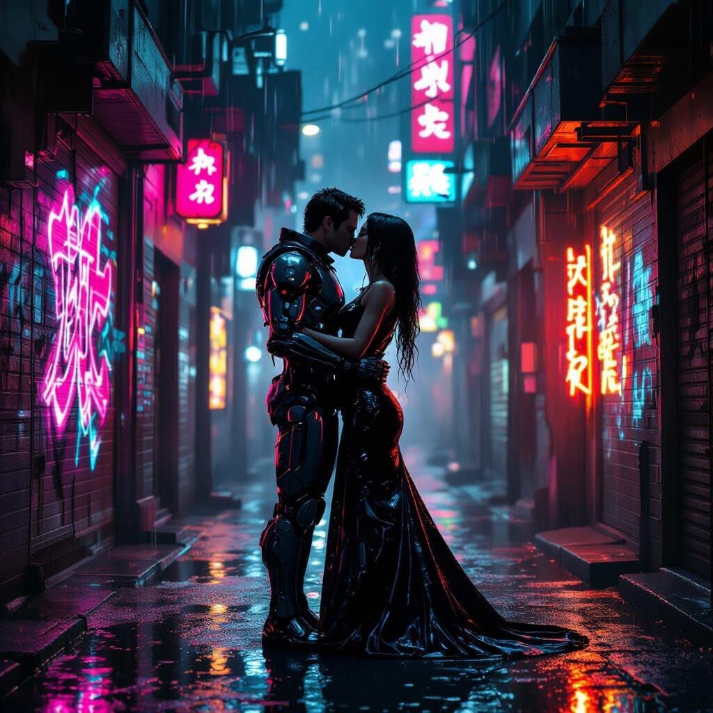 Cyberpunk Kiss in Neo-Milan: Hyperrealistic Lovers