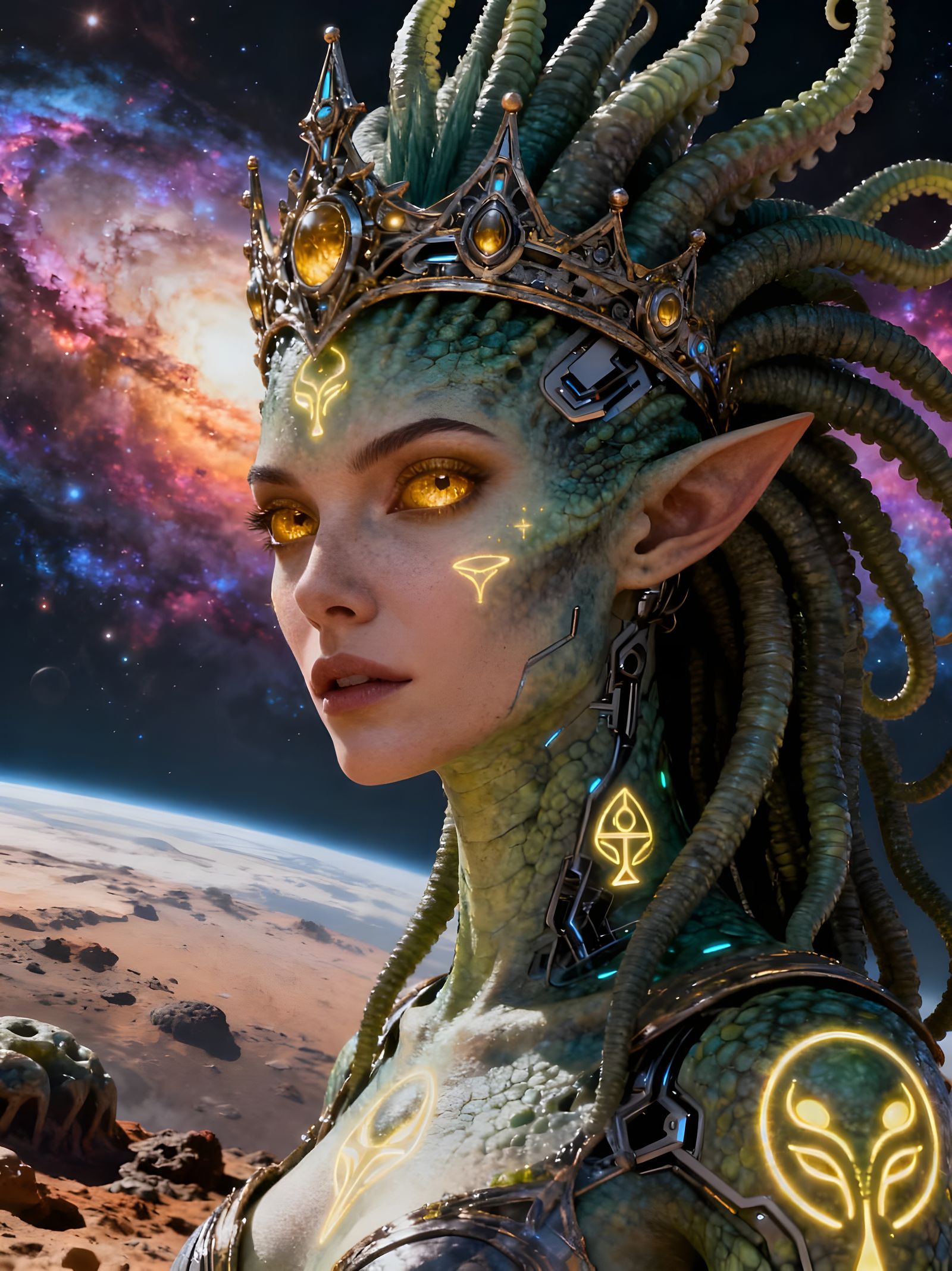 Alien Queen Portrait with Tentacle Mohawk and Glowing Symbol...