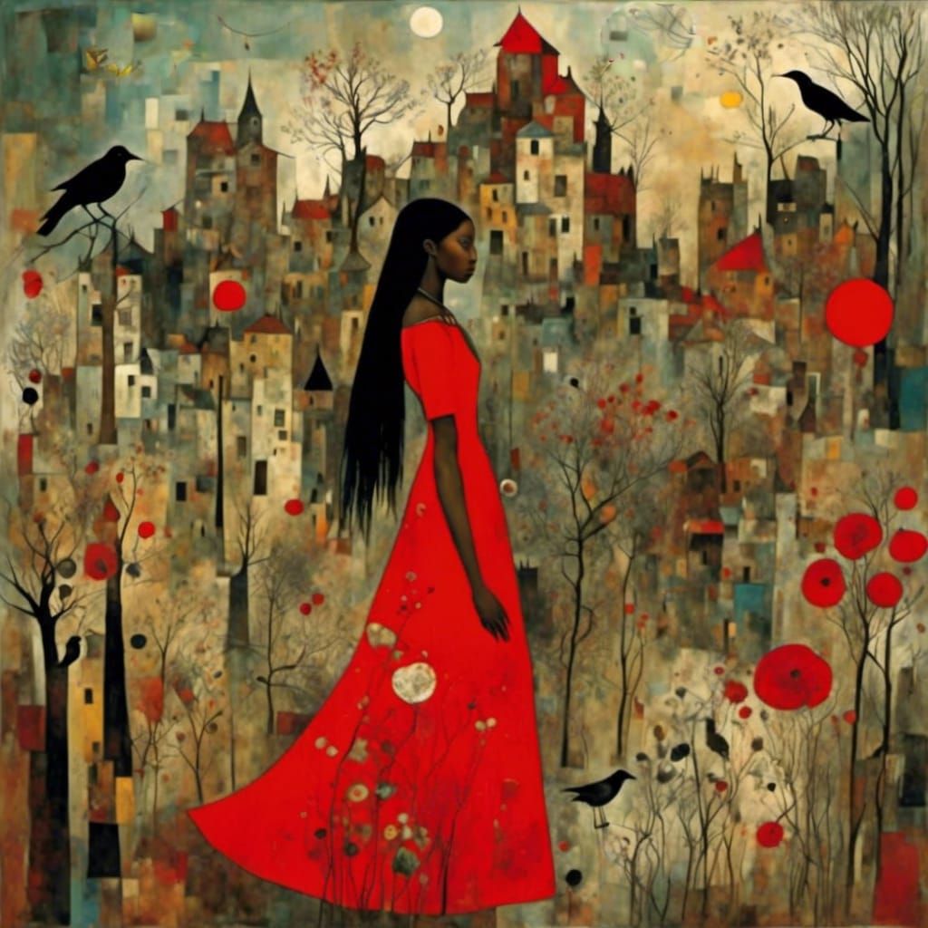 Whimsical Mixed-Media Collage of Woman in Urban Garden