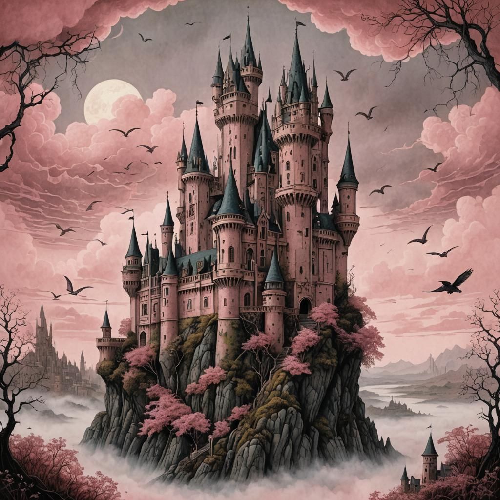 Floating Castle in Pink Cloudscape: Fantasy Art
