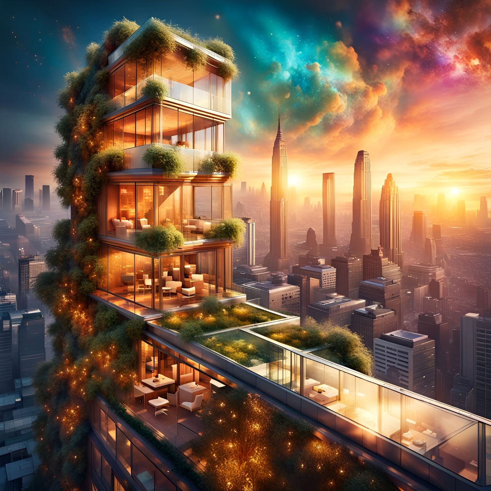 Utopian Futuristic Rooftop Garden at Sunset