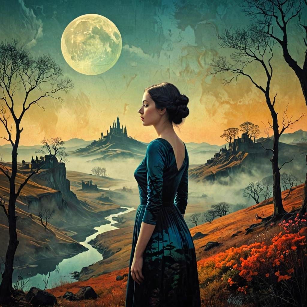 Surrealist Landscape with Elegant Woman in Dreamlike Scene
