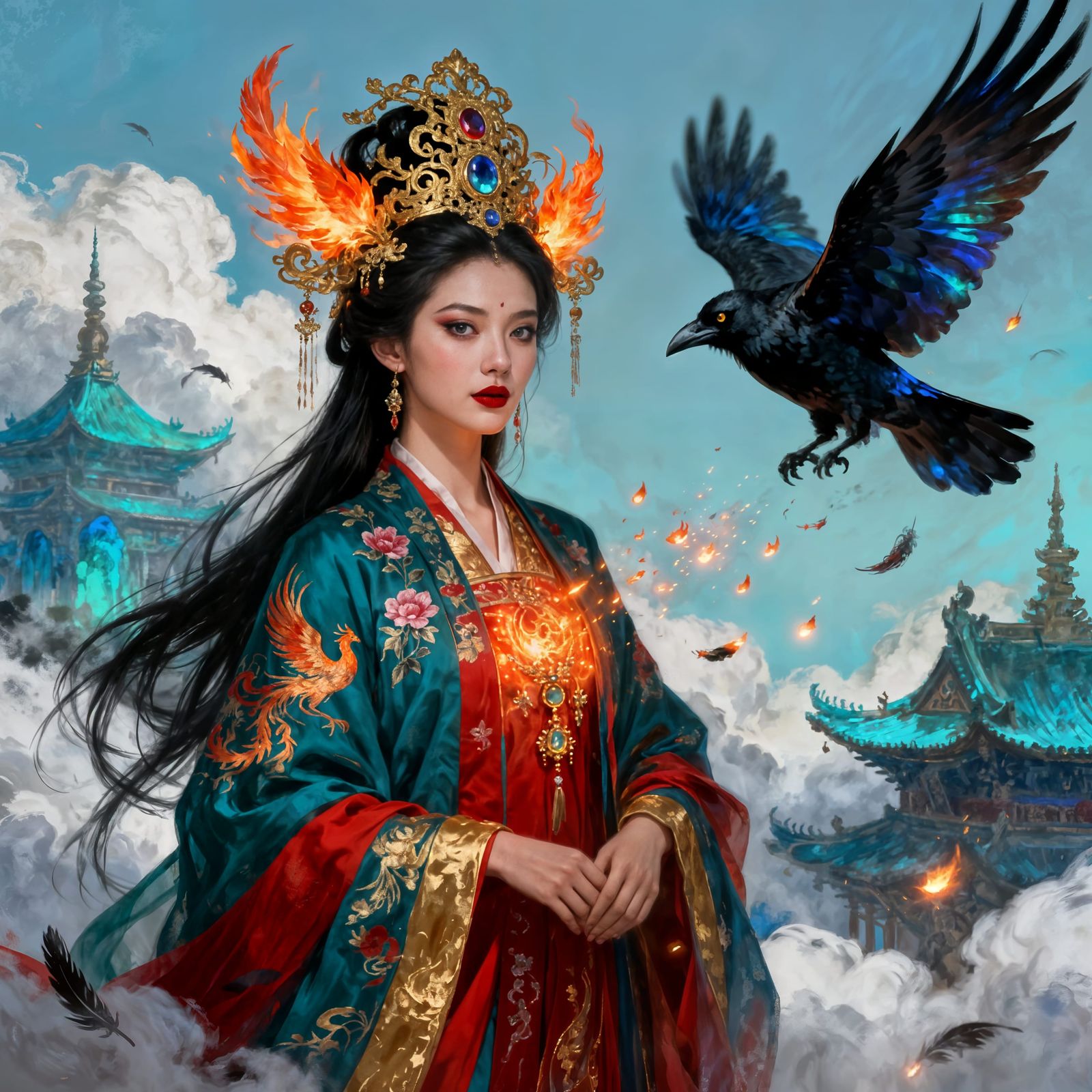 Celestial Noblewoman Amidst Clouds and Temples