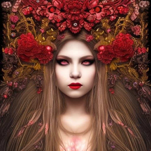 Fairy Beauty with Crimson Flowers, Hyperdetailed Art