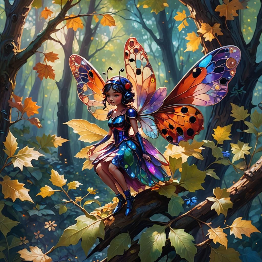 Ladybug Fairy on Oak Leaf: Whimsical Oil Painting