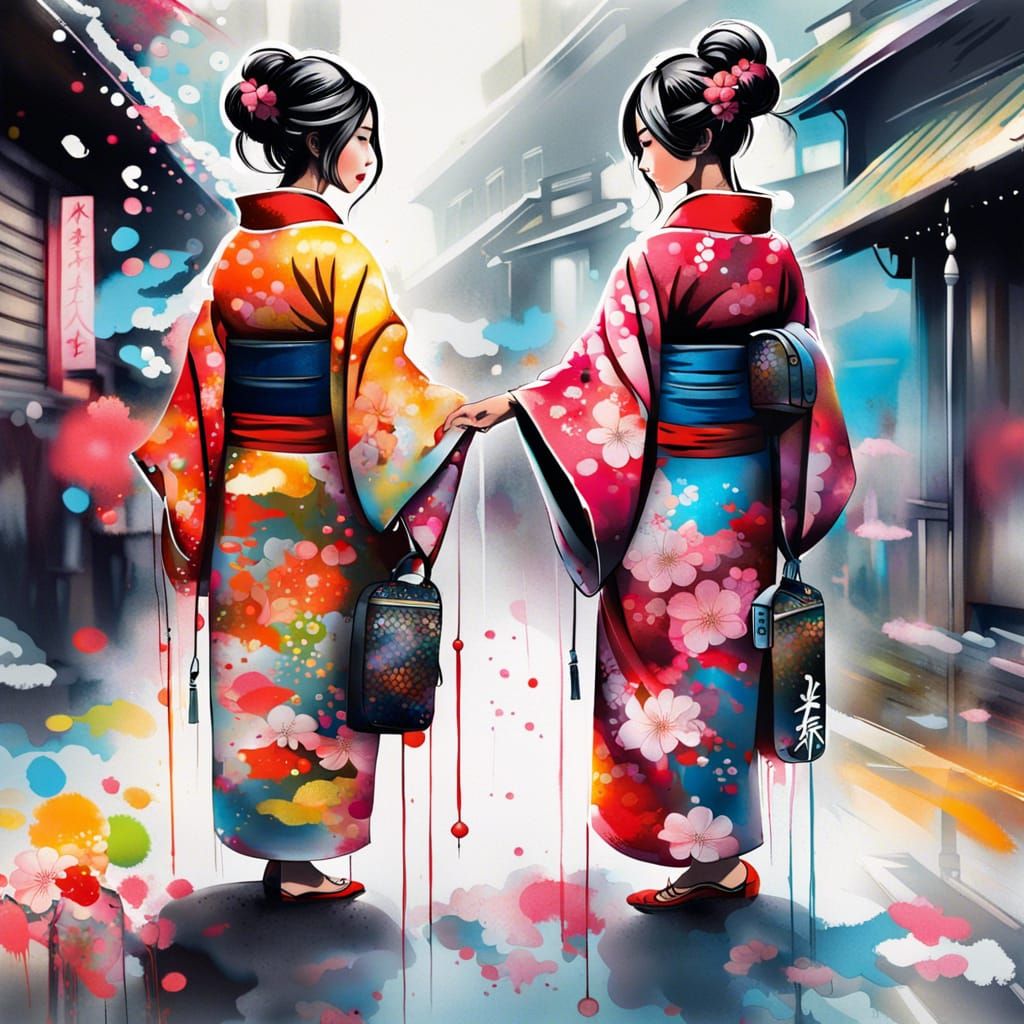 Japanese Women in Kimonos: Graffiti Street Art