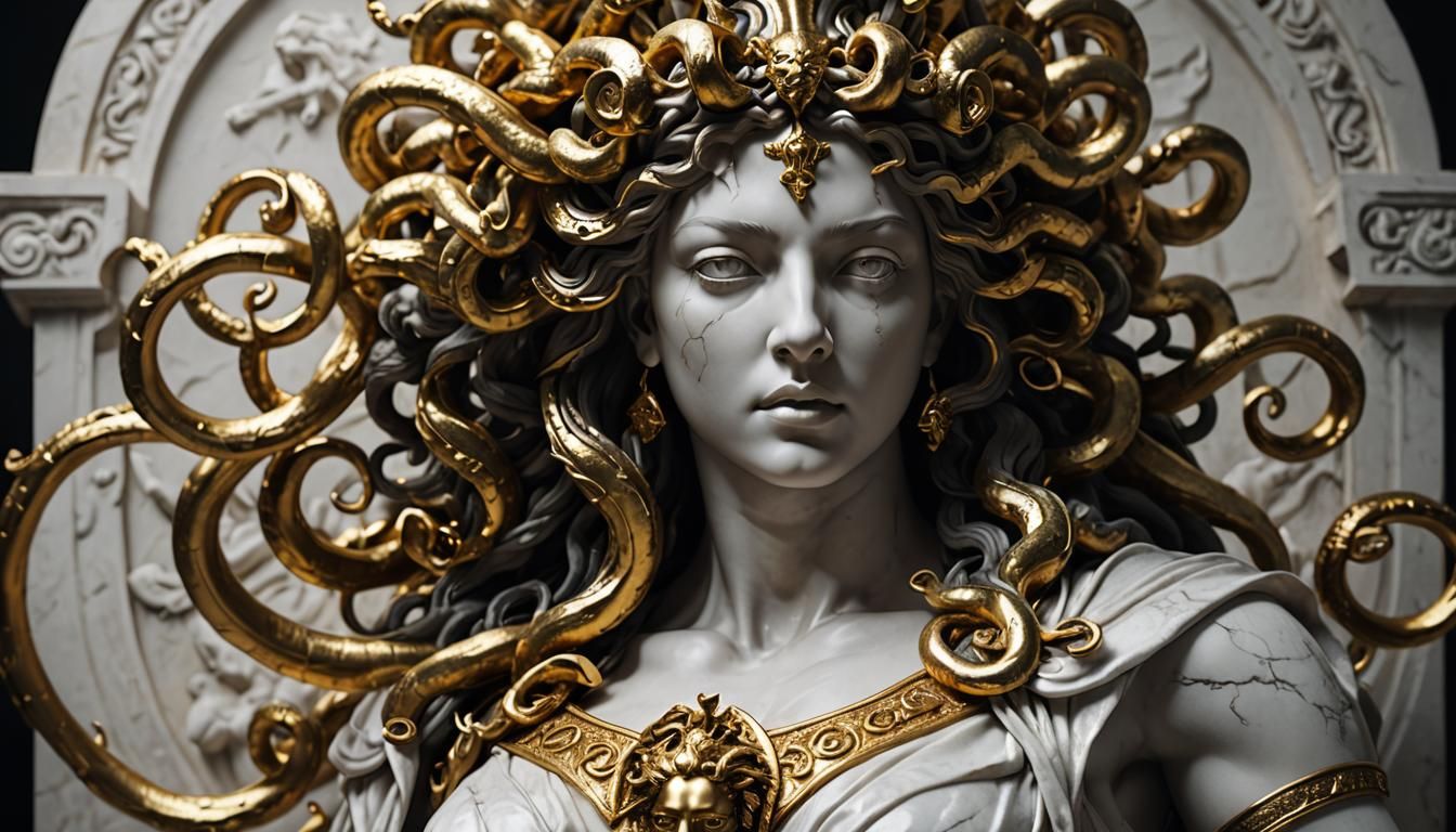 Grimdark Medusa in Cracked White Marble, 3D Render