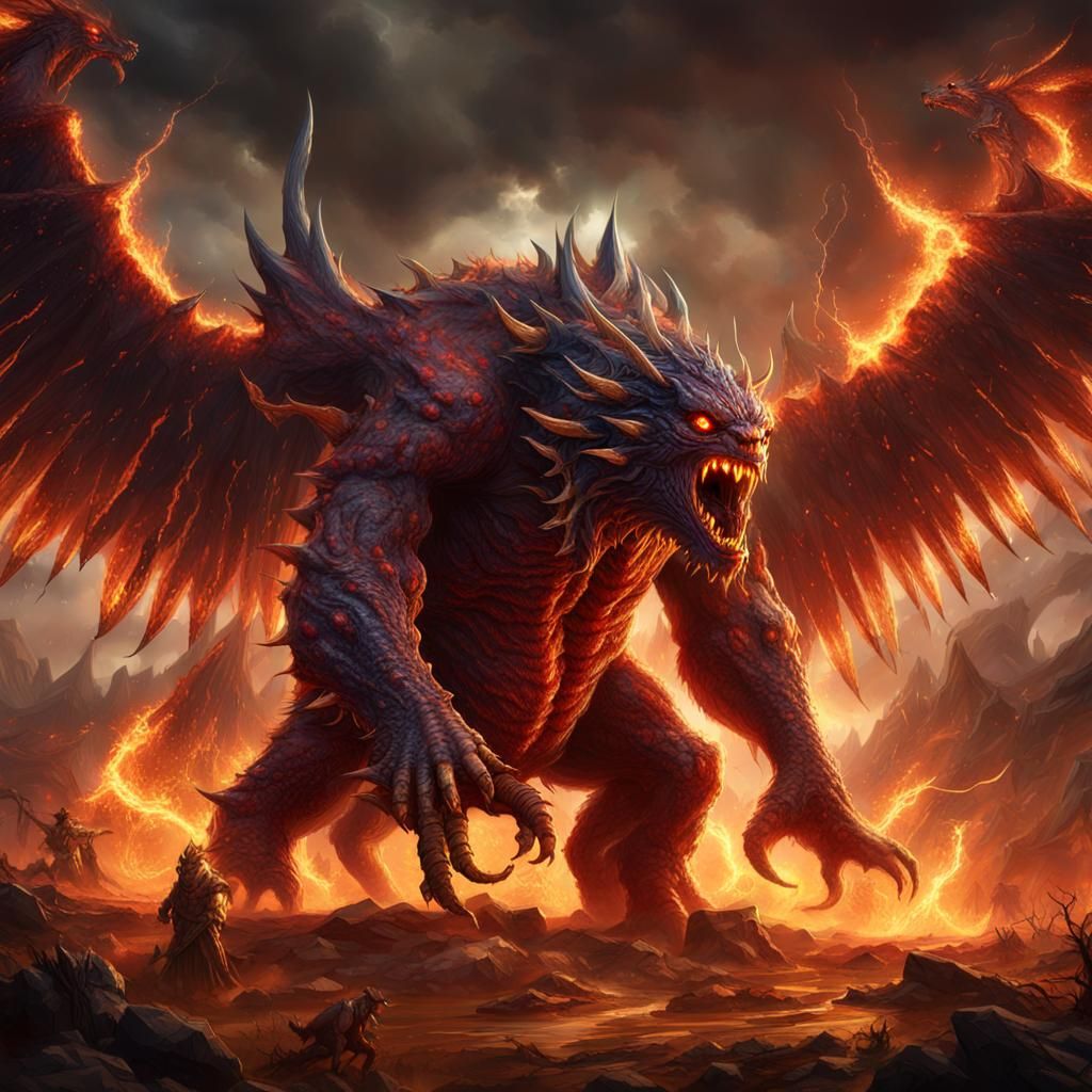 Three-Headed Monster Battles Army: Fantasy Concept Art