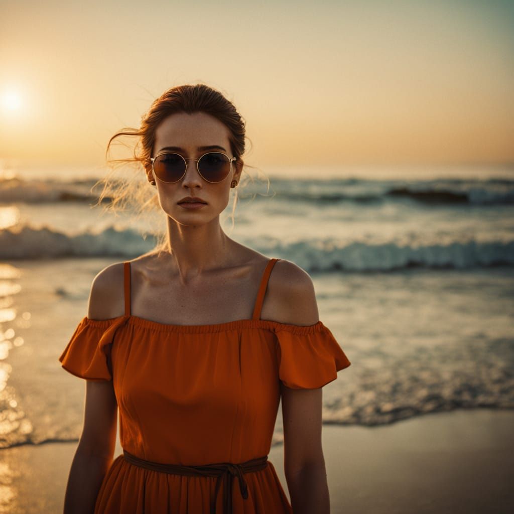 Golden Hour Goddess: Vibrant Beach Film Still