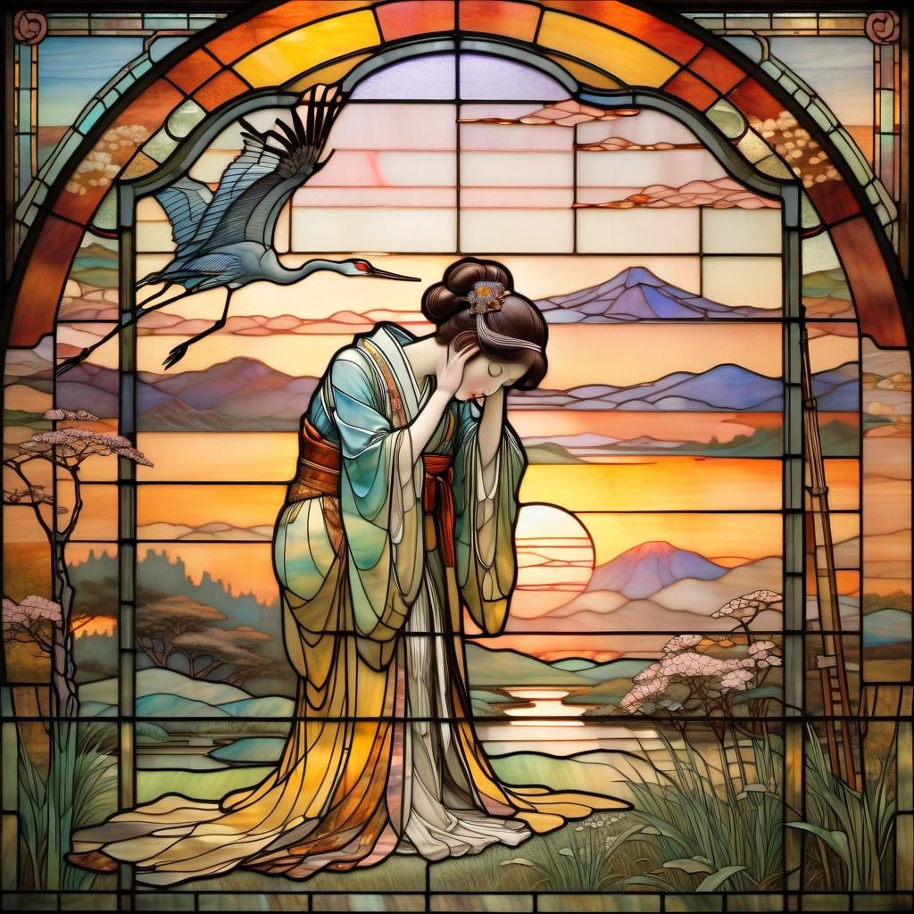 Japanese Princess Bowing Before Crane: Stained Glass