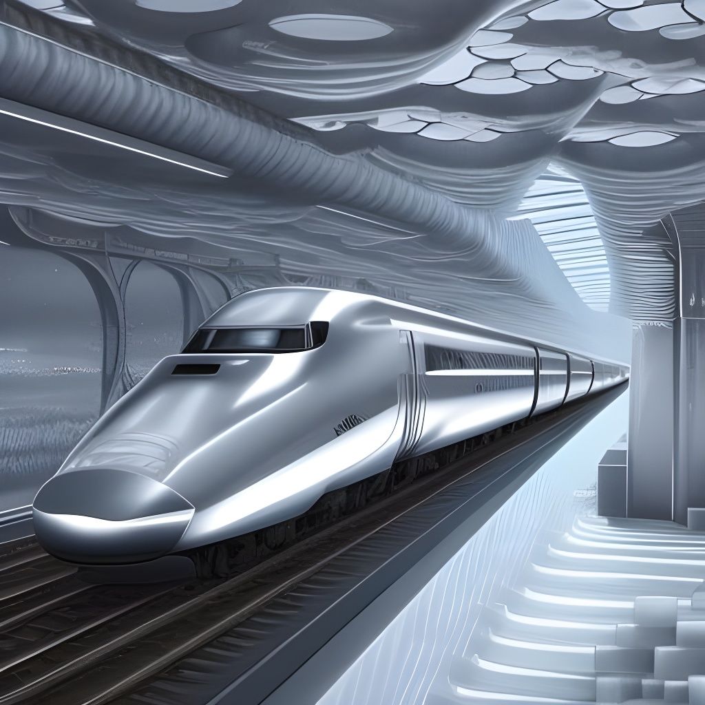 Hyperrealistic Bullet Train in Optical Illusion Landscape