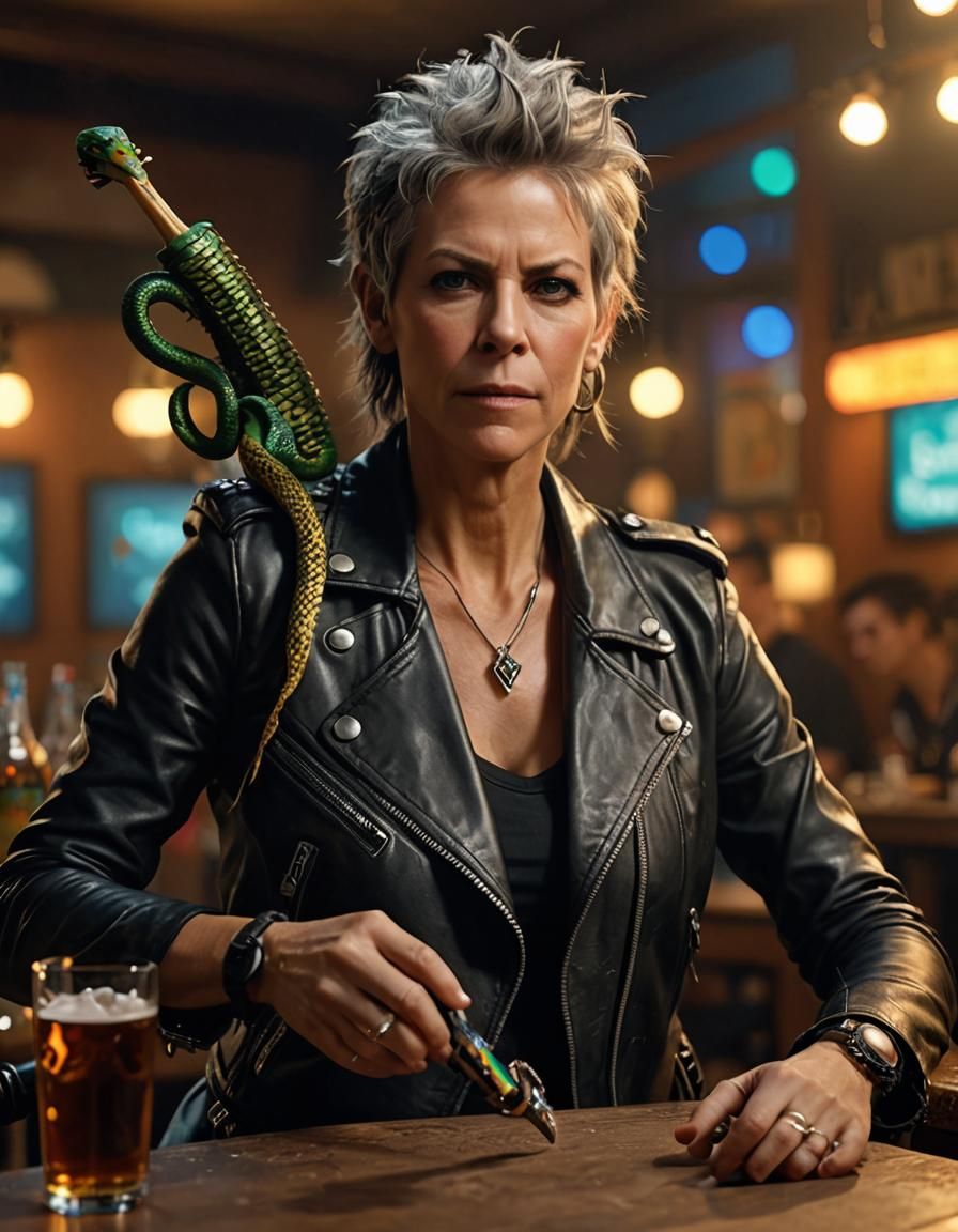Image of a drunk punk, Jamie Lee Curtis as the Lead Singer /...