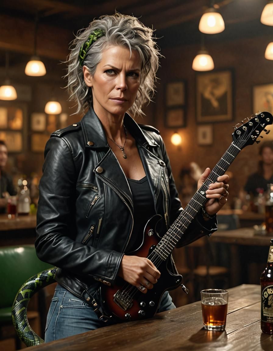 Image of a drunk punk, Jamie Lee Curtis as the Lead Singer /...