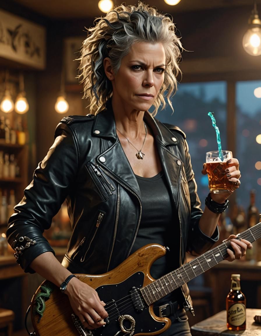 Image of a drunk punk, Jamie Lee Curtis as the Lead Singer /...