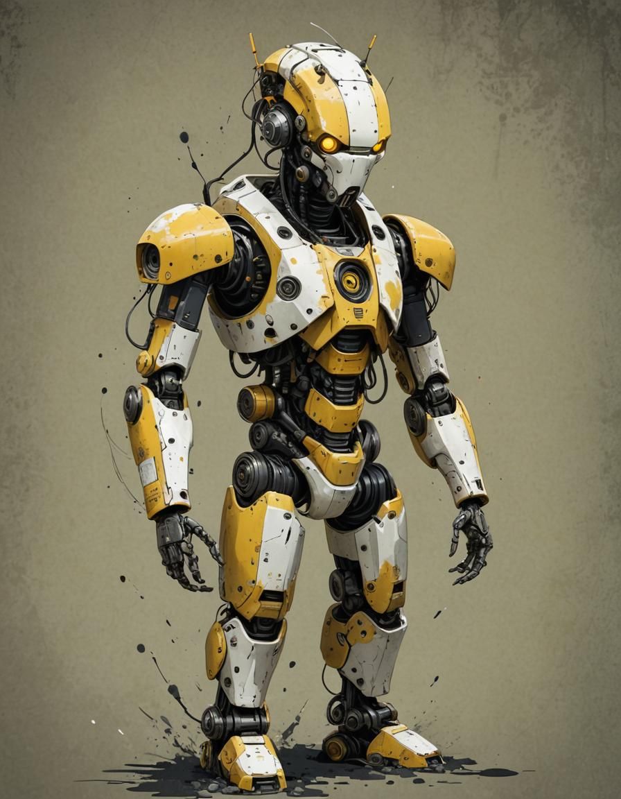 Menacing Yellow-White Robot in Ink Painting Style