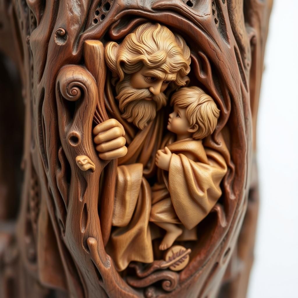 Detailed 3D Wood Carving of Grandfather and Grandson