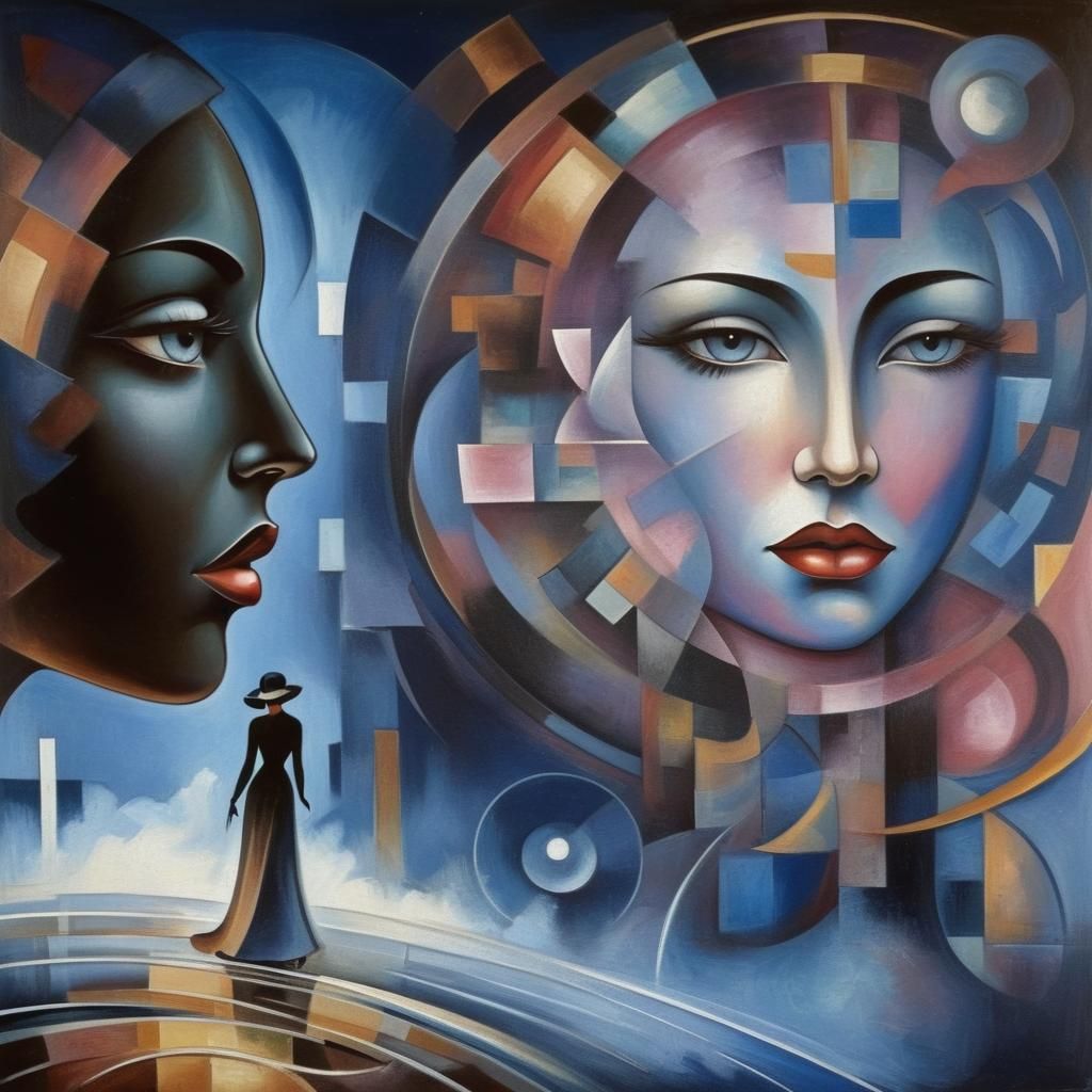 Art Deco Nouveau Abstract Painting in Cubism