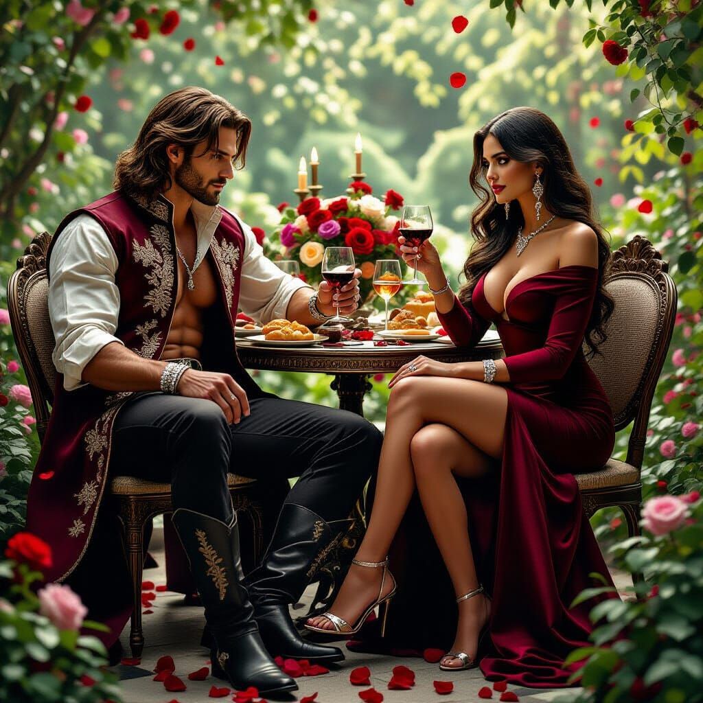 Seductive Man and Woman in Lush Garden