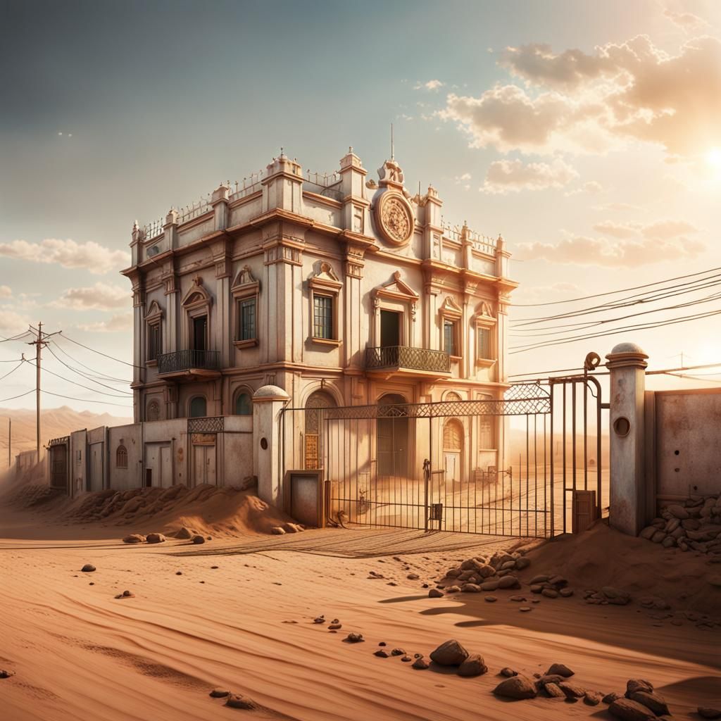 Dreamlike White Building with Wire Gates