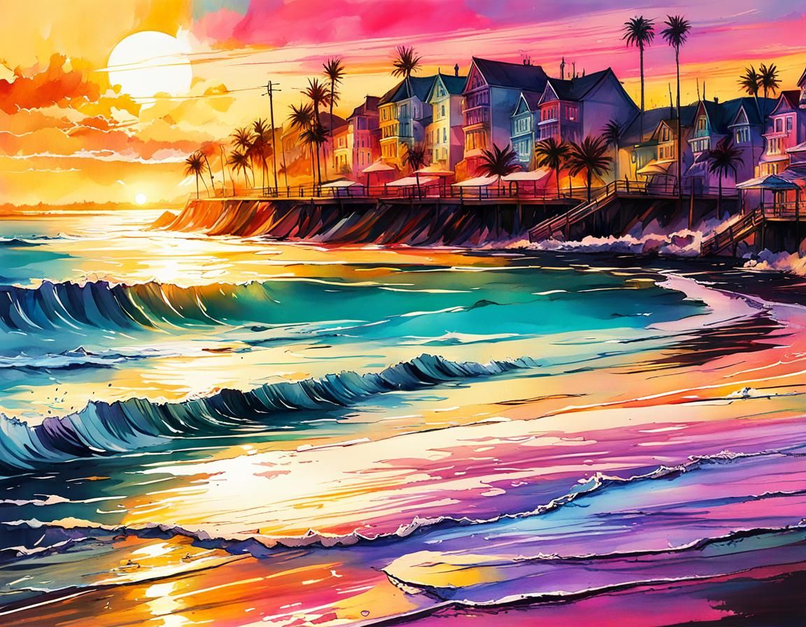 Winter Sunset: Digital Watercolor Graffiti Art