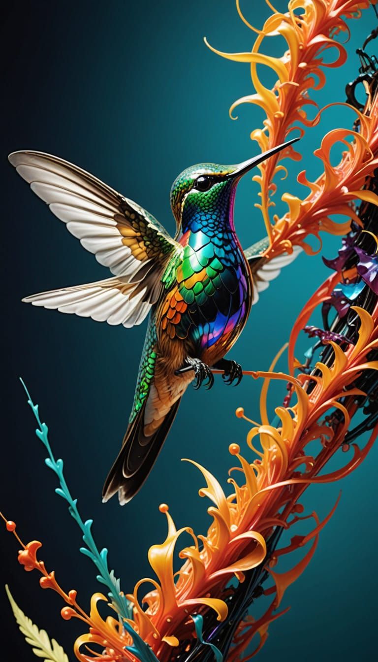 Surreal Abstract Sculpture: Iridescent Hummingbird in Mid-Ai...