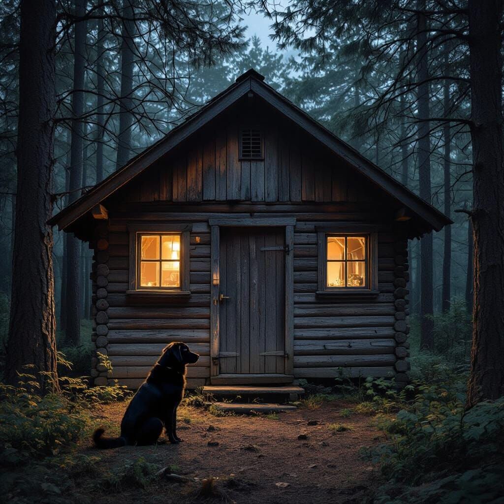 Hyperdetailed Charcoal Cabin in Dark Forest