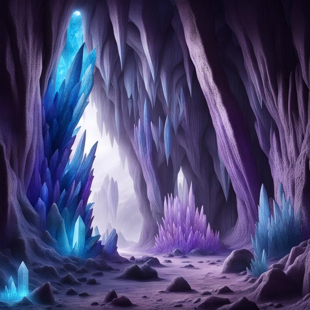 Alien Crystal Cave with Blue and Purple Crystals