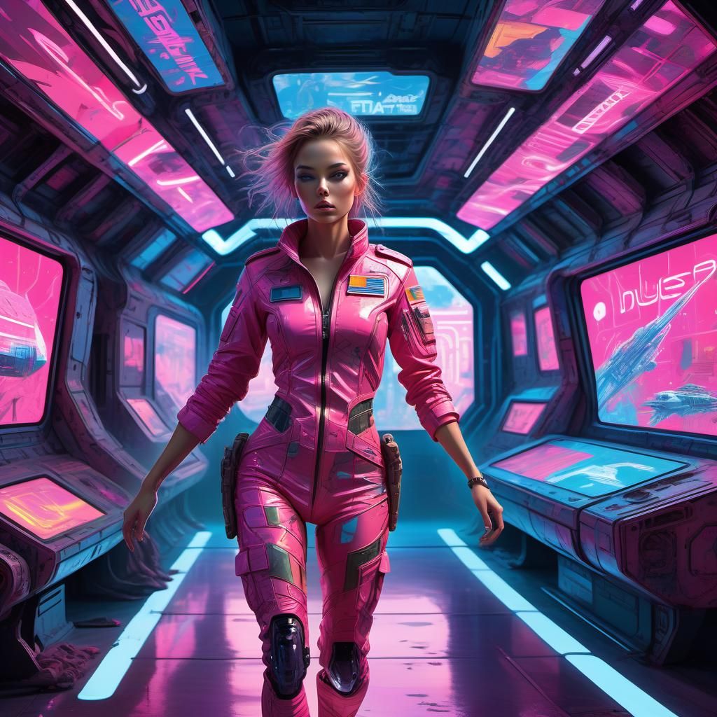 Cyberpunk Woman Enters Spaceship in Future Spaceport