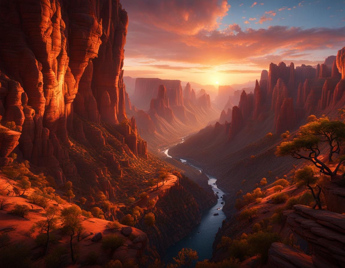 Majestic Canyon Vistas at Sunset: Detailed Matte Painting