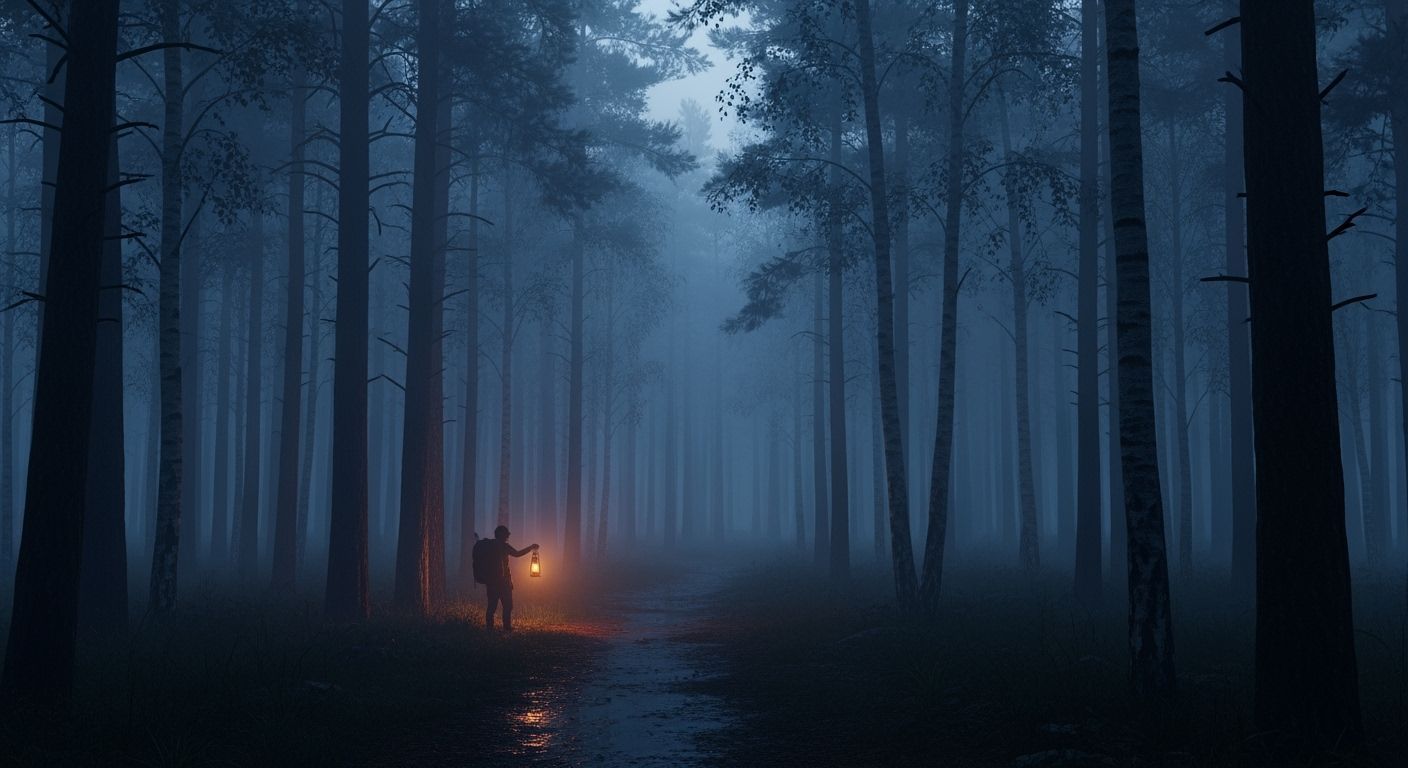 Mysterious Forest Path with Glowing Lantern at Twilight