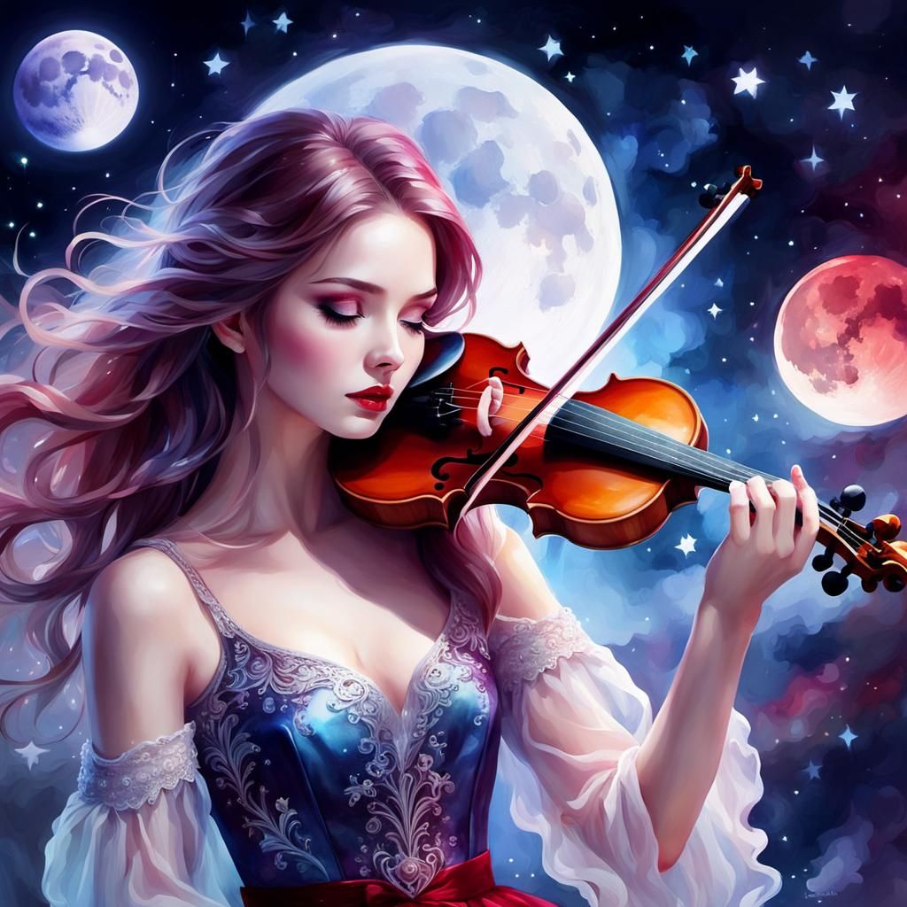 Mystical Girl Plays Violin: Watercolor Art