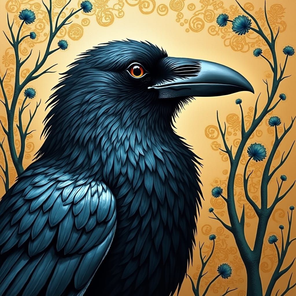 Majestic Raven in Art Nouveau Impasto Style