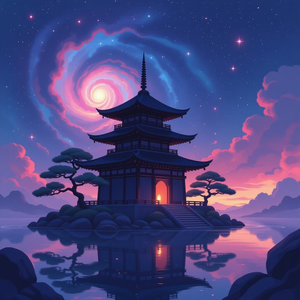 Minimalist Temple Floating in Galaxy, Anime Style