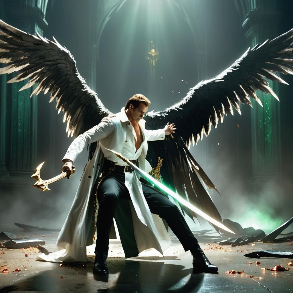Angel Attacks Vampire with Sword in Cinematic Style