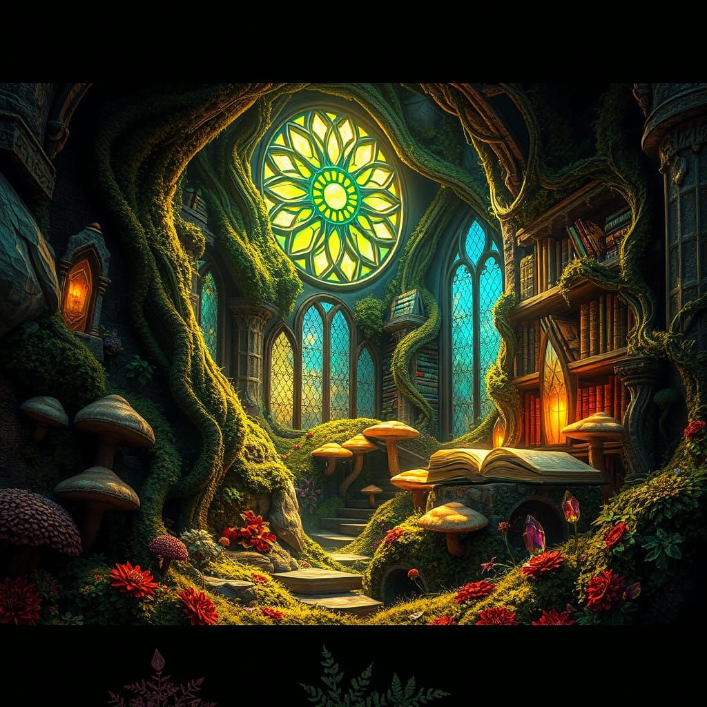 Whimsical Library Sanctuary with Vibrant Moss and Crystal Ac...