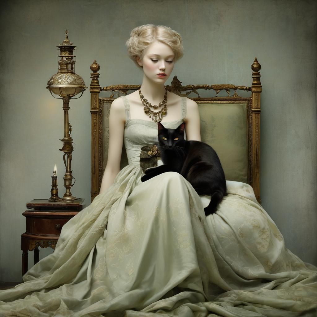 Girl Watched by a Cat: Mixed Media Portrait