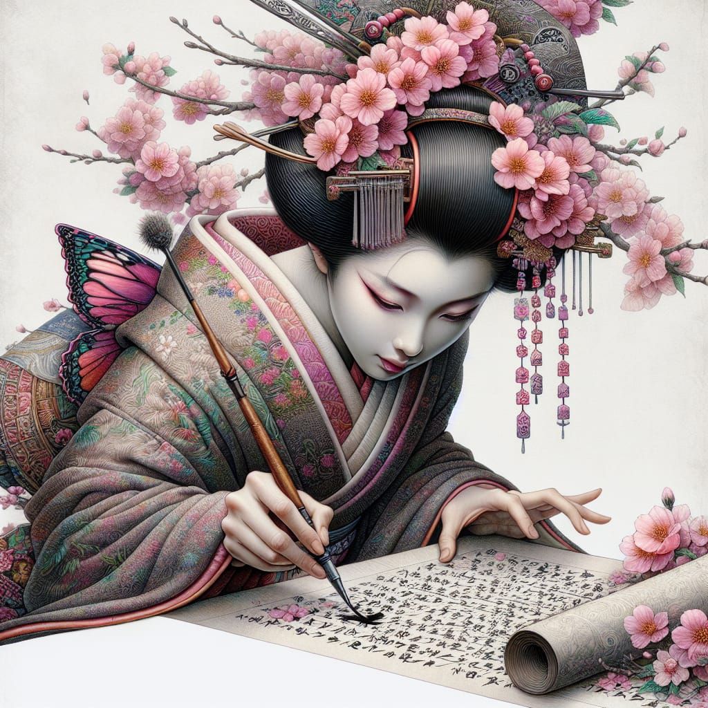 Geisha Practicing Calligraphy with Sakura Blossoms