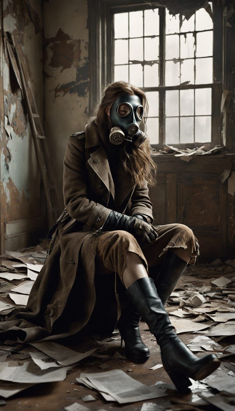 Woman in WWI Mask Amid Battlefield Ruins