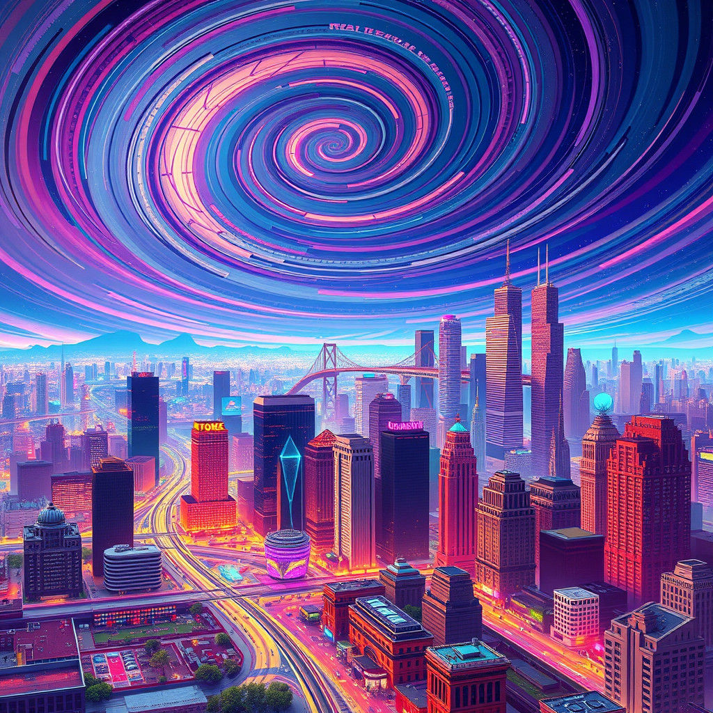 Futuristic Metropolis Mashup Under Iridescent Skies