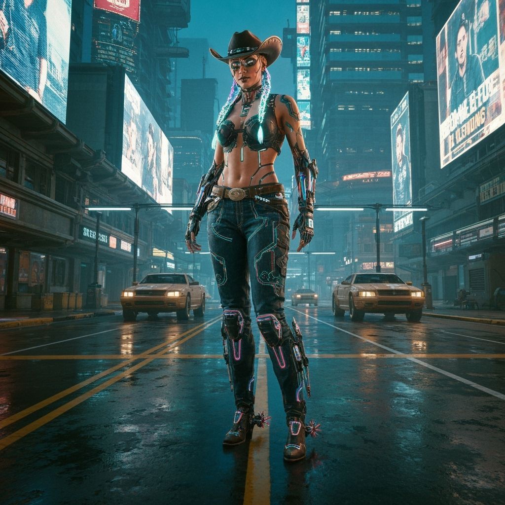 Cyborg Cowgirl Strolls Neon City in Cyberpunk Style