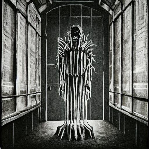 Surreal Horror Figure Emerges from Shadows in Dark, Eerie Sc...