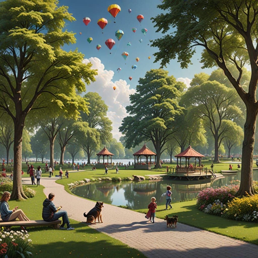 Scenic Public Park With Lake and Gazebos