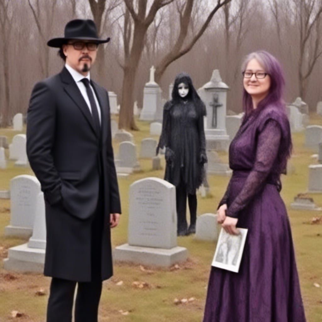 Gothic Cemetery Scene with Stylized Man and Woman