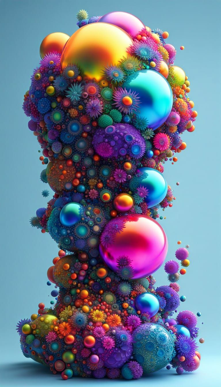Extrapolate and Illustrate 
A fractal Garden of Rainbow colored Flying Fractal patterned living Balloons  and  Stone scu...